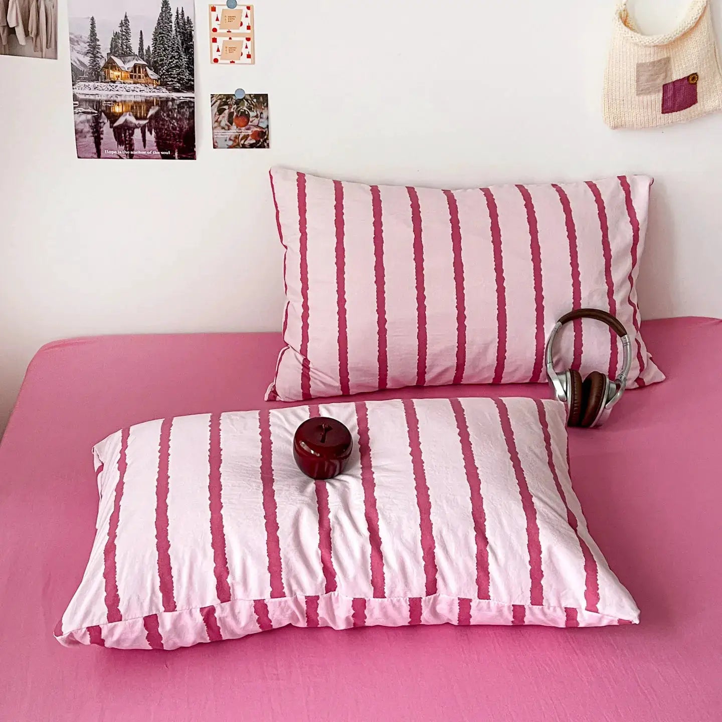 Simples Market 3pc pink striped duvet cover set with 2 pillowcases, washed cotton, 150x200cm