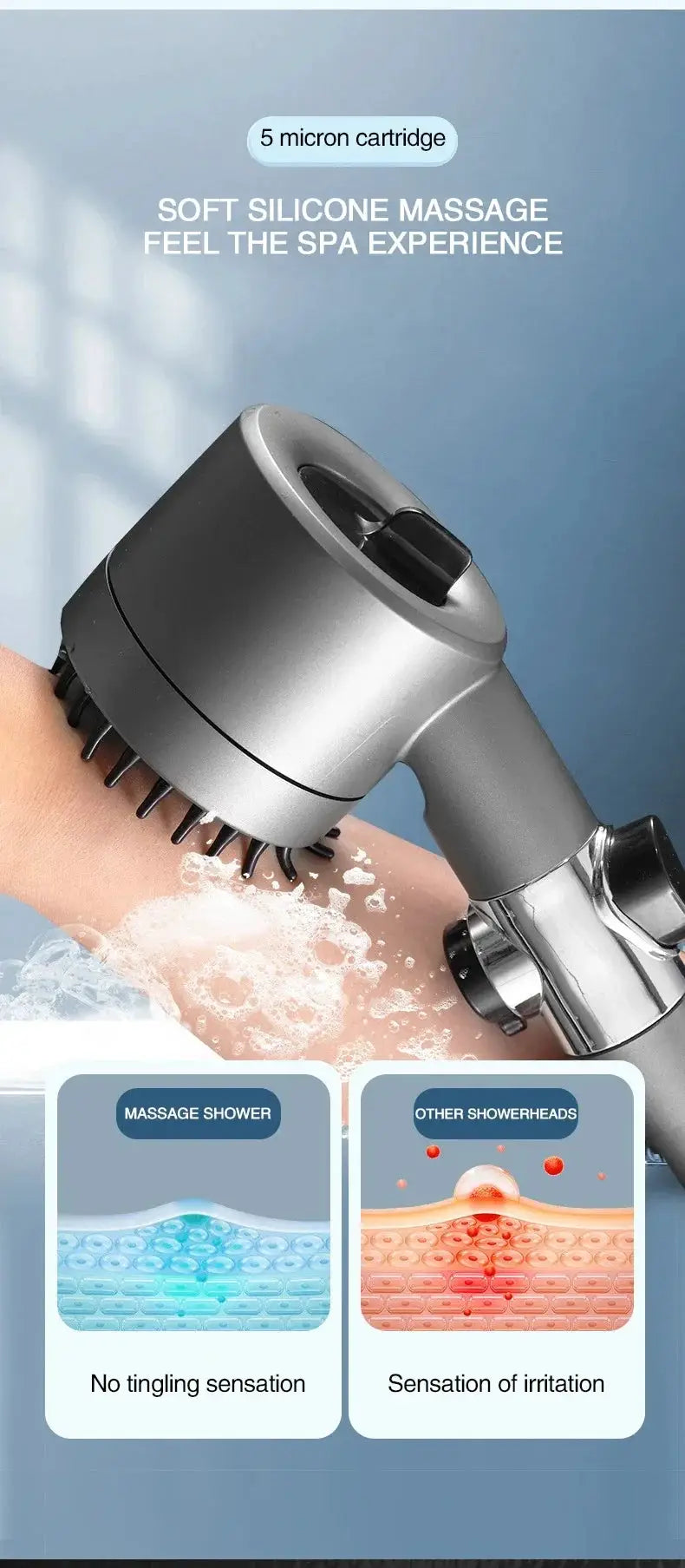 Simples Market 3-mode adjustable shower head with massage brush and 5-micron cartridge, silver finish