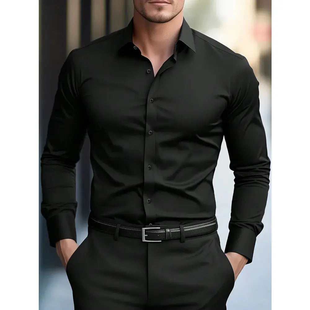 2025 Men's Solid Color Long Sleeve Shirt Elastic Smart Casual Four Season Business Shirt