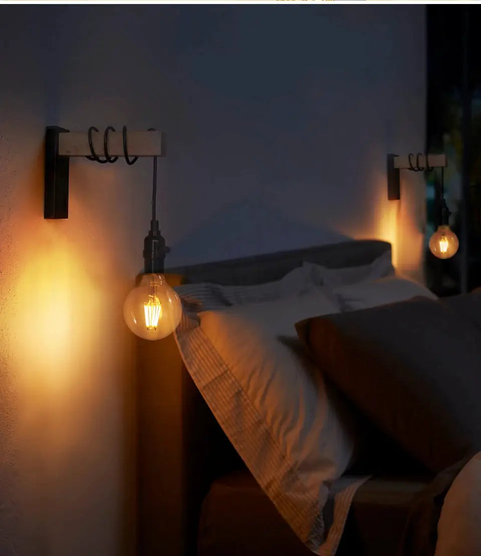 Simples Market wall light with switch; iron-wood bedside sconces with E27 bulbs, retro Edison glow (pair)