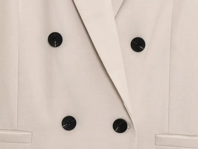 ETJ 2025 women's beige shoulder-padded double-breasted blazer with black buttons