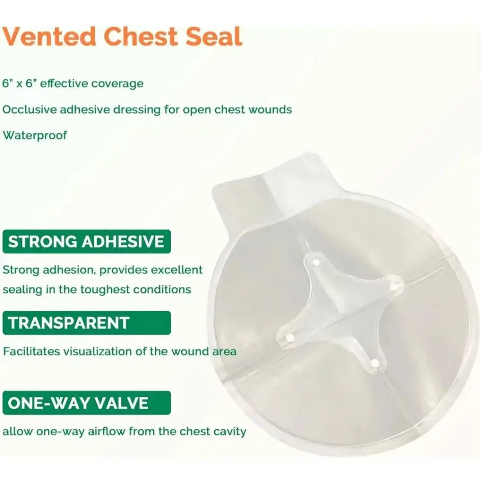 Vented chest seal with one-way valve; transparent, waterproof, 6x6 in, strong adhesive.