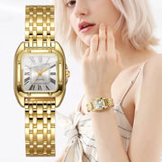 Gold-tone square women's quartz wristwatch with Roman numeral dial and linked bracelet