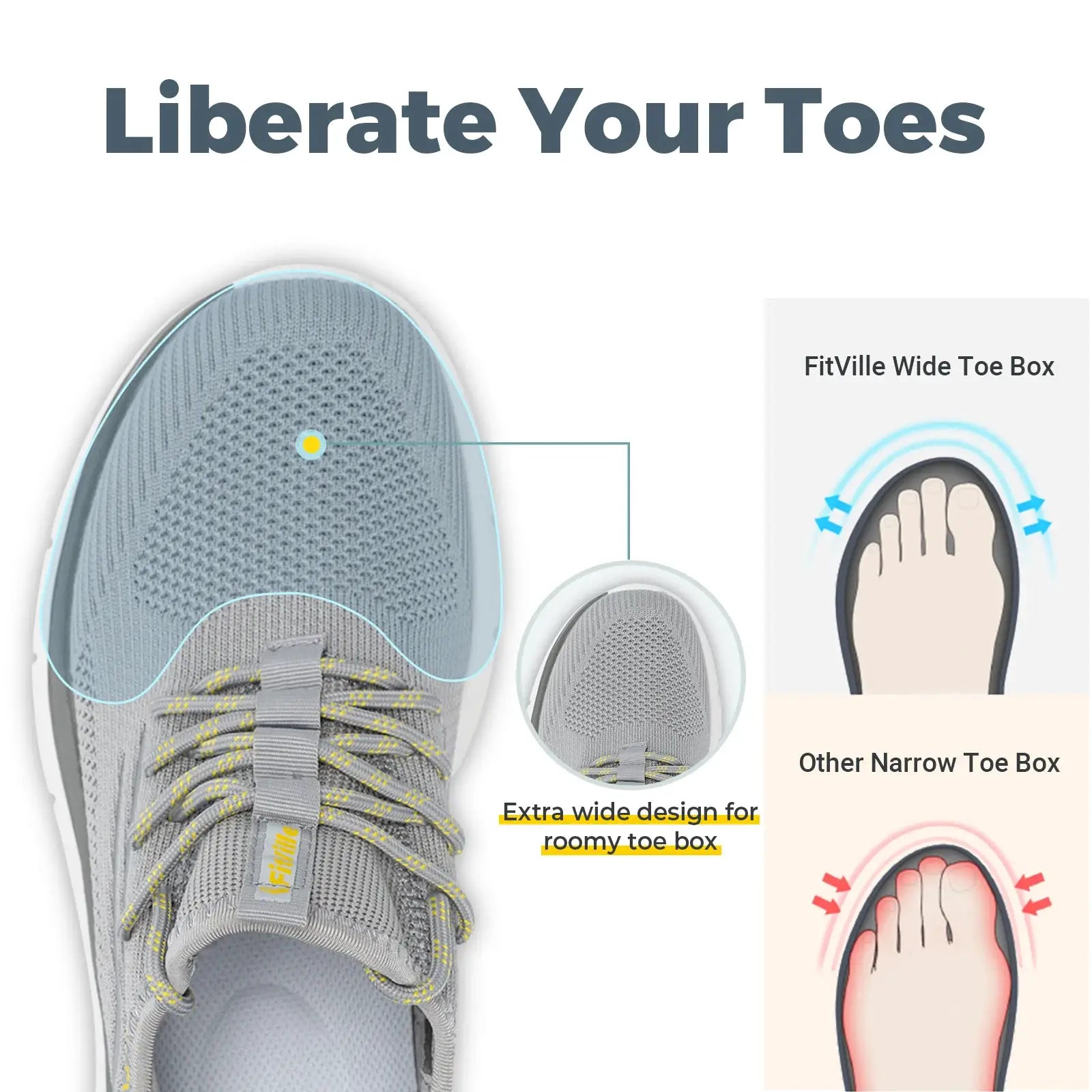 FitVille men's thick-sole running shoes with gray mesh upper, lightweight design and wide toe box.