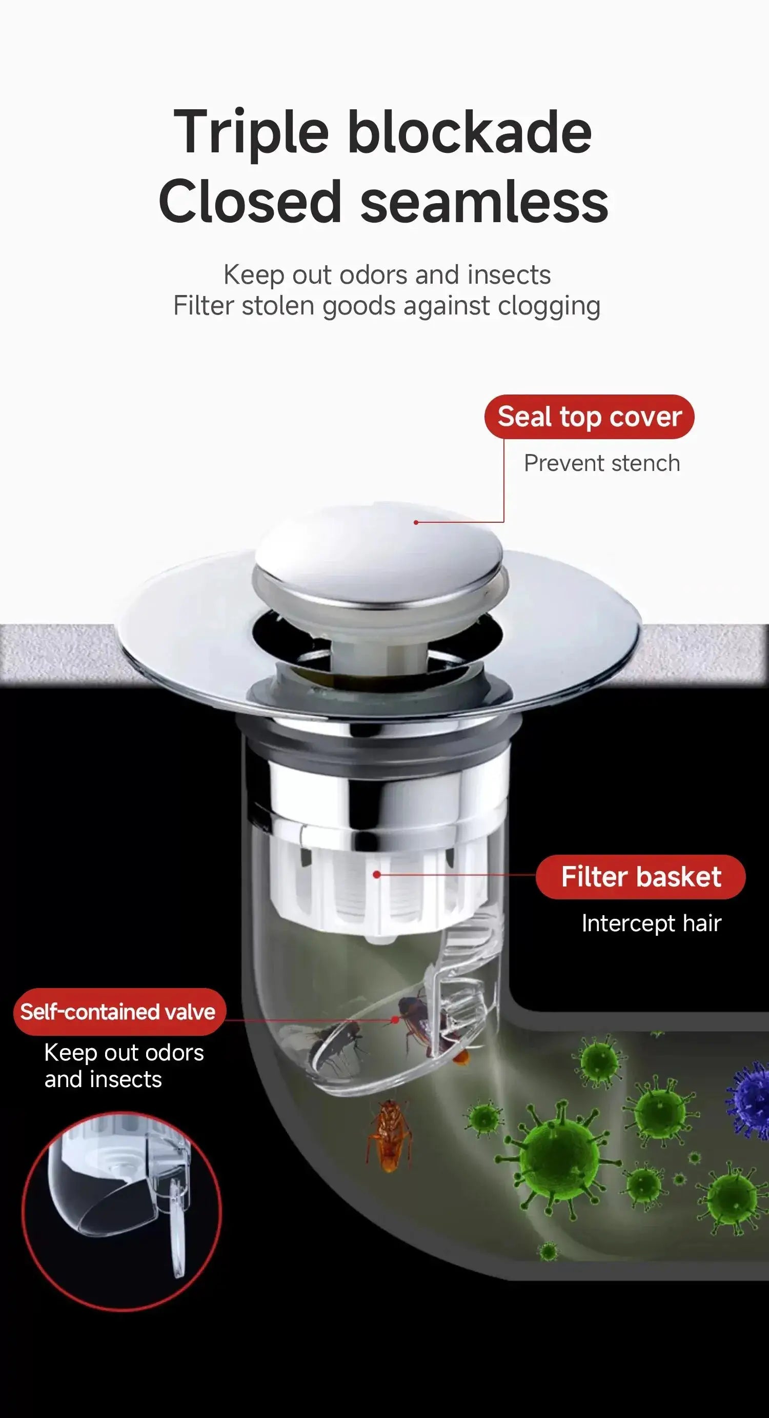 Simples Market universal basin pop-up drain filter in chrome finish with seal top cover and filter basket