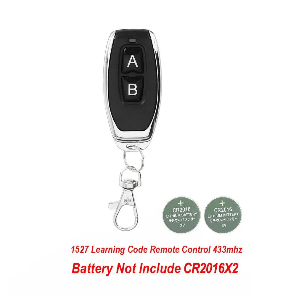 Simples Market 2-channel garage remote, black with chrome trim, on keychain; 433MHz, batteries not included