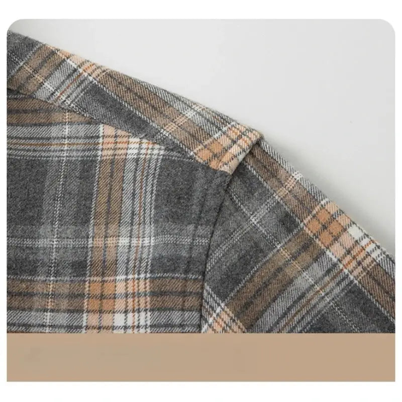 Men's plaid flannel shirt; grey and tan check pattern, 100% cotton fabric
