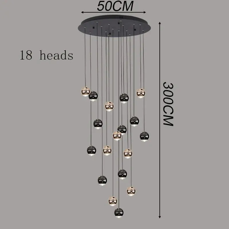 Modern pendant light with 18 hanging globe LEDs in black and gold, suspended from a round ceiling mount.