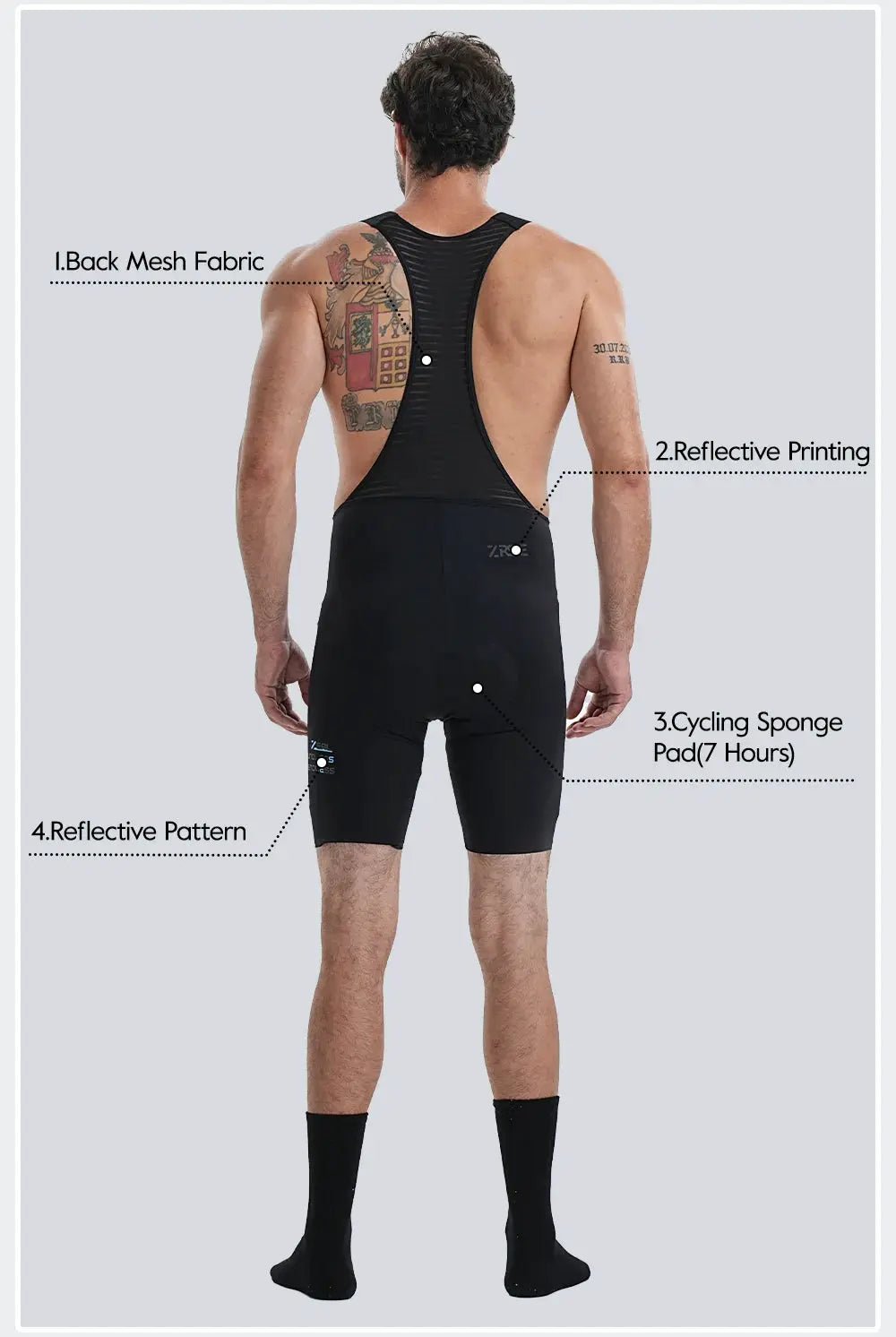 Men's black Simples Market cycling bib shorts with back mesh panel, padded chamois, and reflective prints