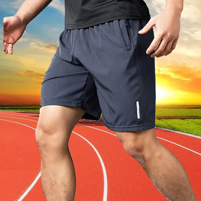 Men's quick-dry jogging shorts in navy, lightweight breathable athletic shorts with reflective strip.