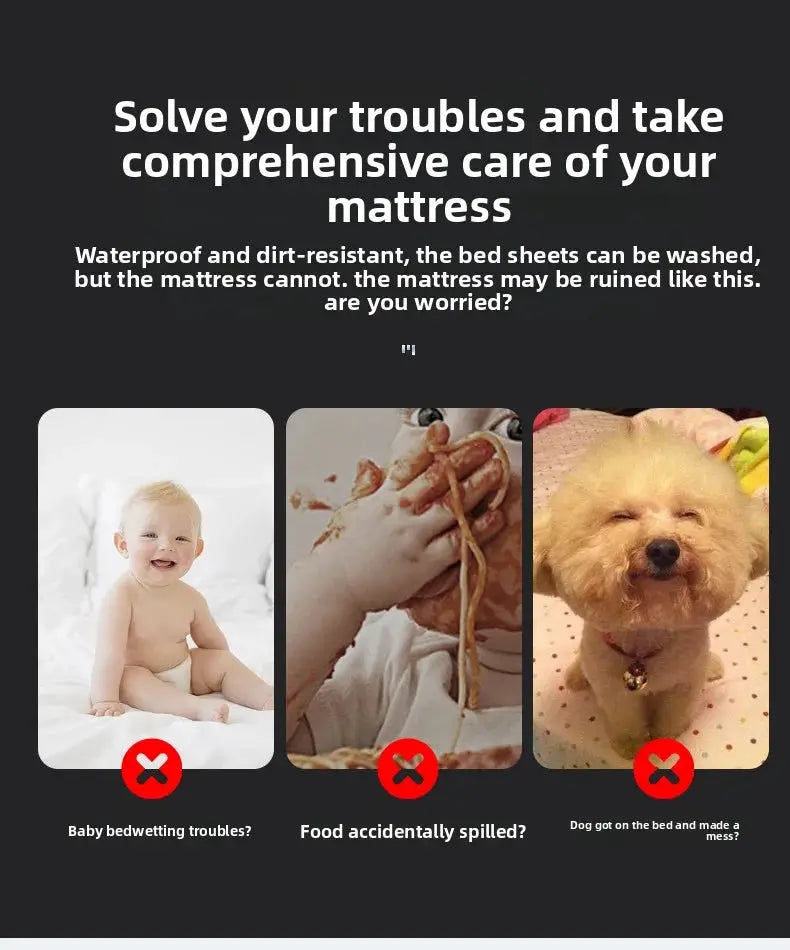 Simples Market 1/2 pillowcase, solid color, waterproof and breathable; three panels show bed messes: baby bedwetting, spills, and a dog.