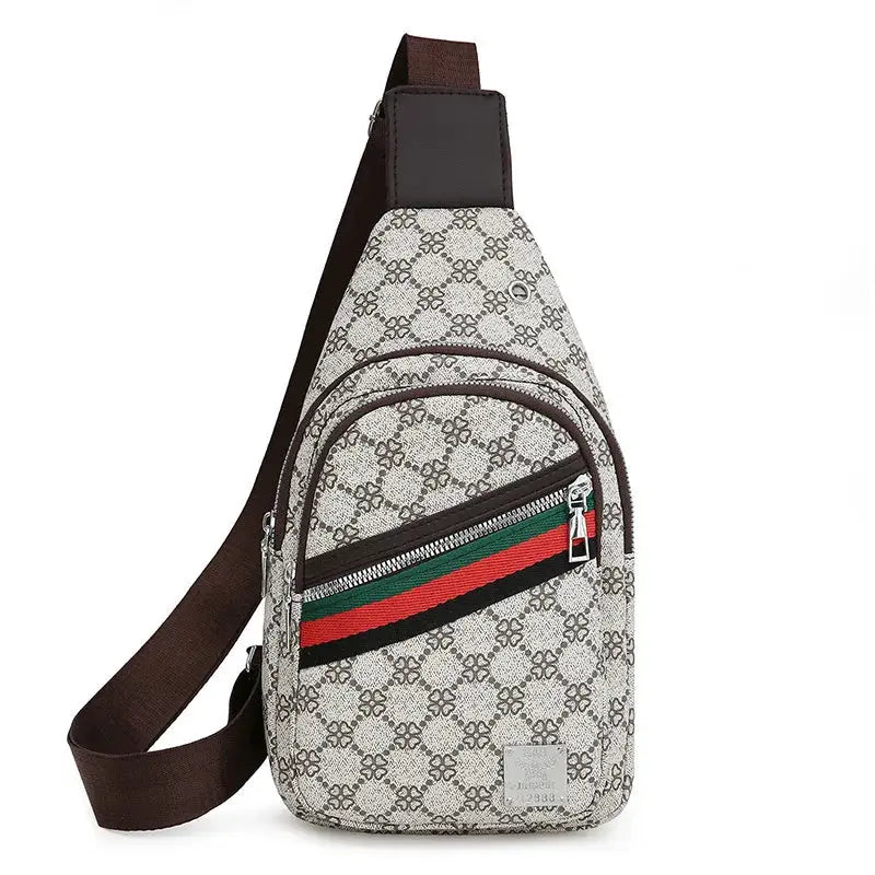 Men's Simples Market crossbody messenger bag with beige patterned fabric, brown strap, and green-red-green front stripe