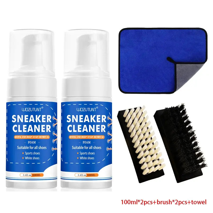 Simples Market Sneaker Cleaner foam duo: 2×100ml bottles, 2 brushes and blue microfiber towel