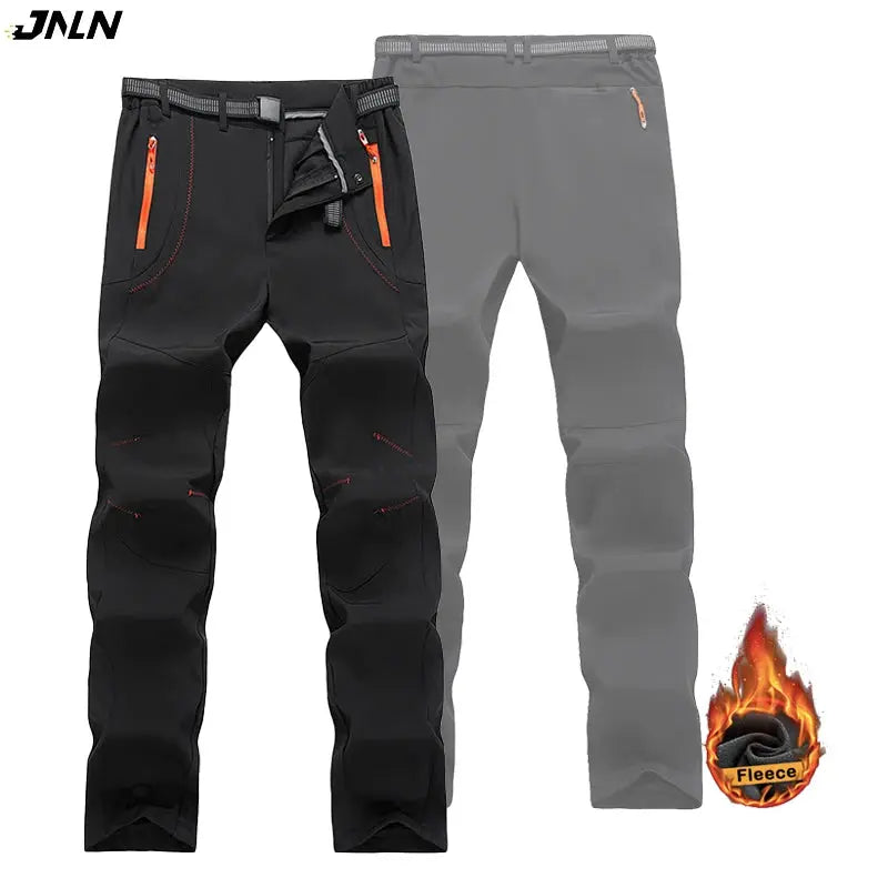 JNLN fleece-lined hiking pants for men, black and gray soft-shell rain trousers, waterproof windproof, two-pair set