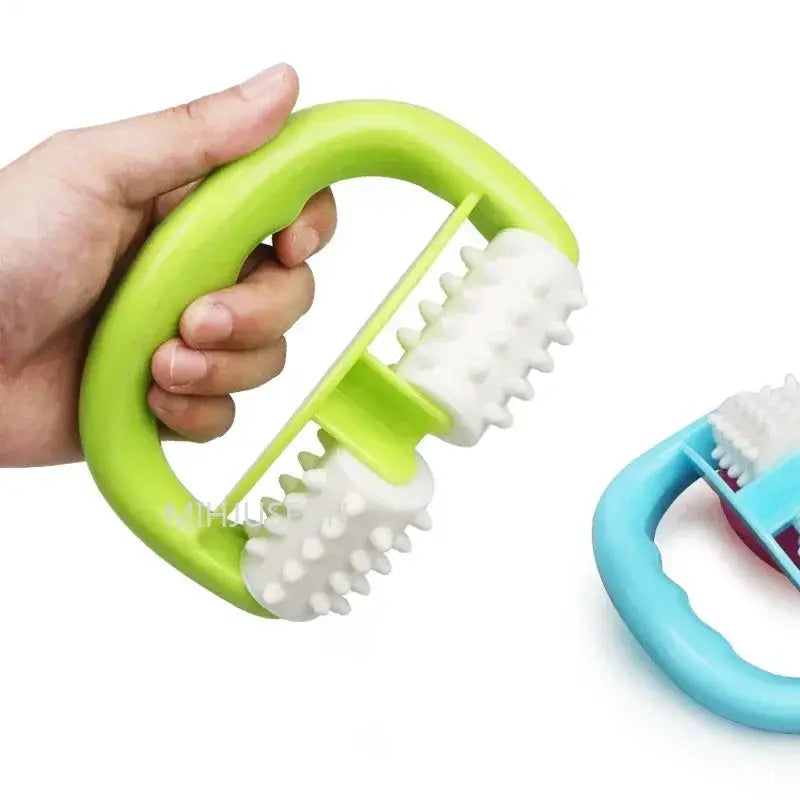 Handheld anti cellulite roller massager; two versions shown in green and blue with white textured rollers