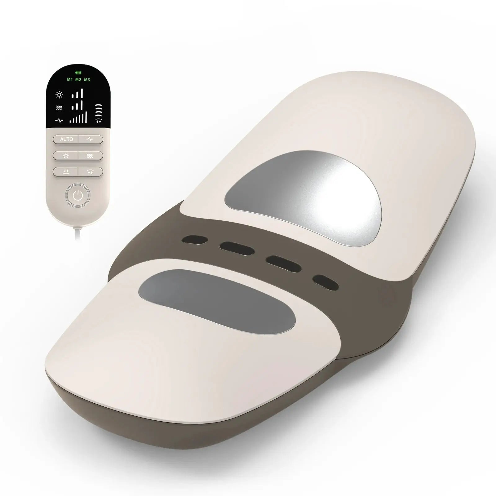 Beige adjustable lumbar traction massager with black remote control