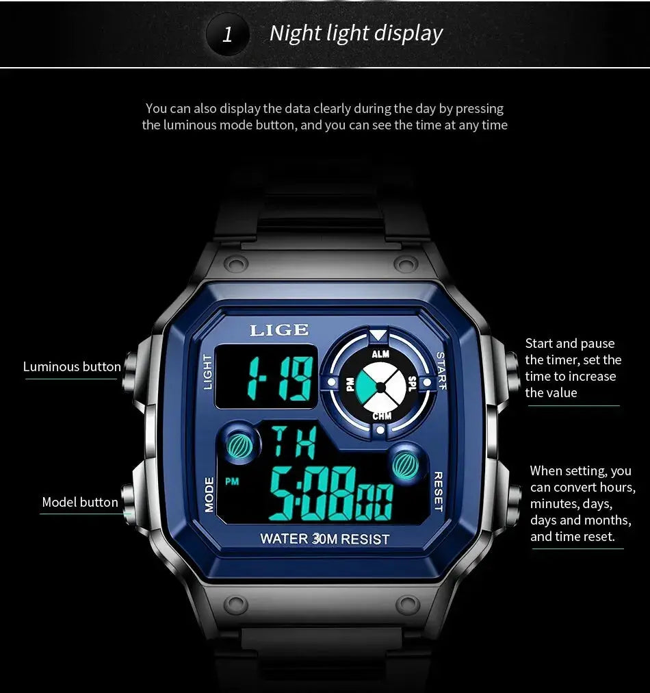 LIGE men's digital wristwatch with blue display, stainless steel case, 30m water resistant