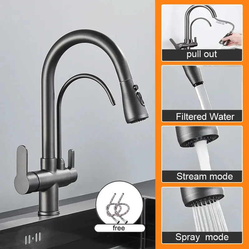 Simples Market Matte Black kitchen faucet with dual handles and pull-out spray; filtered water, stream and spray modes.