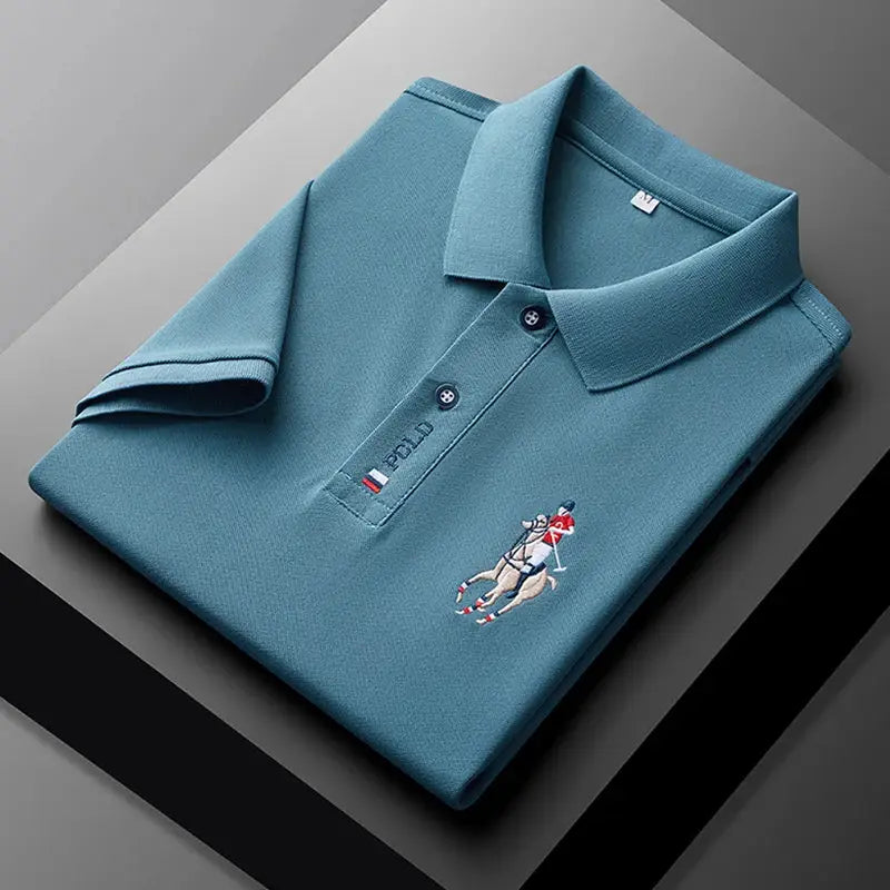 Men's blue polo shirt with embroidered polo rider emblem and POLO on the placket