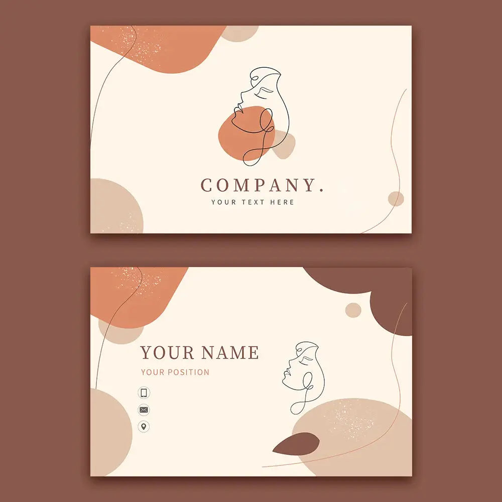 Custom cards set by Simples Market; beige abstract line-art business and thank-you cards shown in a two-card display