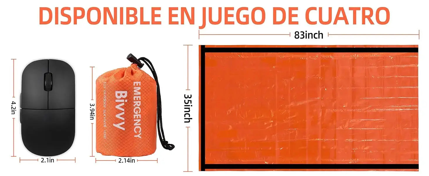 Emergency bivvy sack and thermal Mylar survival blanket in orange; black wireless mouse for scale, three items shown.