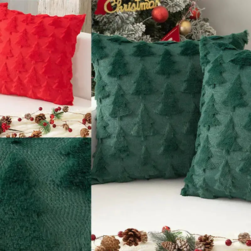 Christmas decorative pillow covers, red and green textured tree-pattern velvet, 4-pack by Simples Market