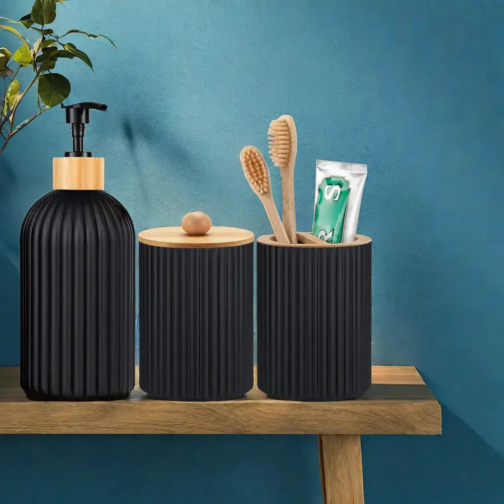 Bathroom Countertop Organizer With Hand Soap Dispenser Cotton Ball Storage And Toothbrush Holder Bamboo Accents
