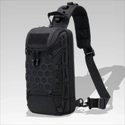 Outdoor Port Bag Pack tactical backpack sling in black with hex-pattern front and padded shoulder strap.