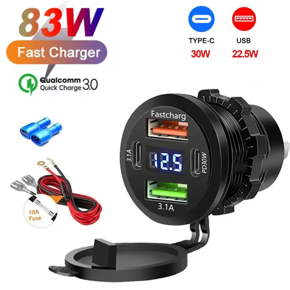 117W Dual PD USB Car Charger With Dual QC 3.0 Ports Voltmeter Waterproof 12V 24V Power Outlet For Car Boat