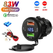 117W Dual PD USB Car Charger With Dual QC 3.0 Ports Voltmeter Waterproof 12V 24V Power Outlet For Car Boat