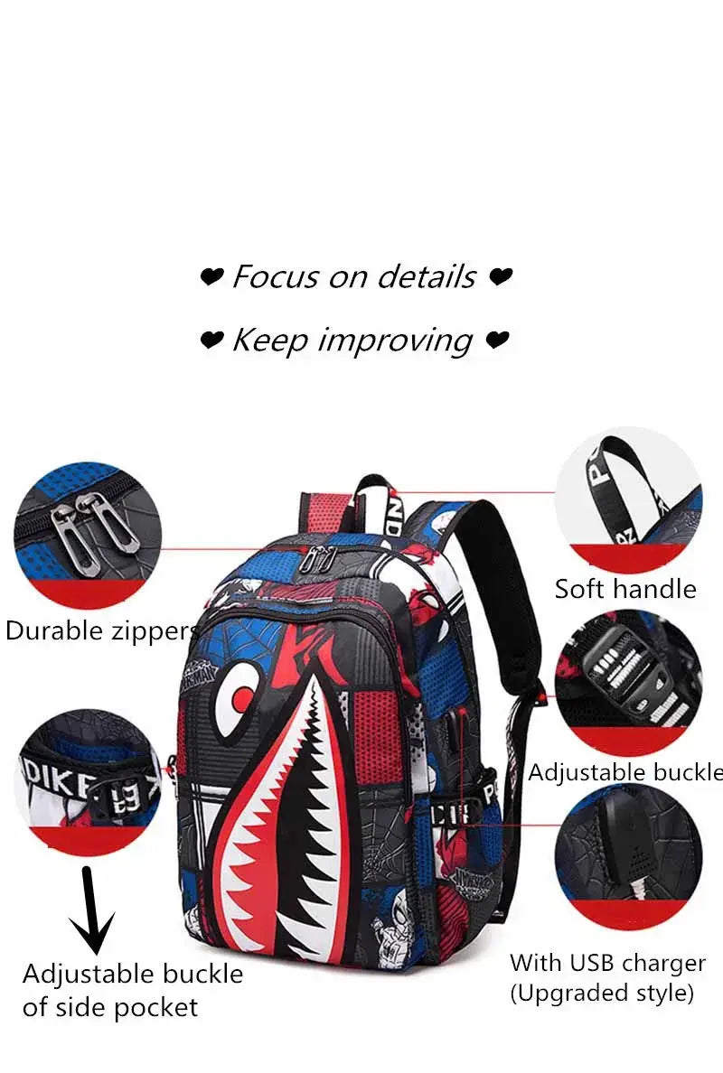 Backpack Simples Market shark print school backpack for kids, blue-red with durable zippers and USB charger
