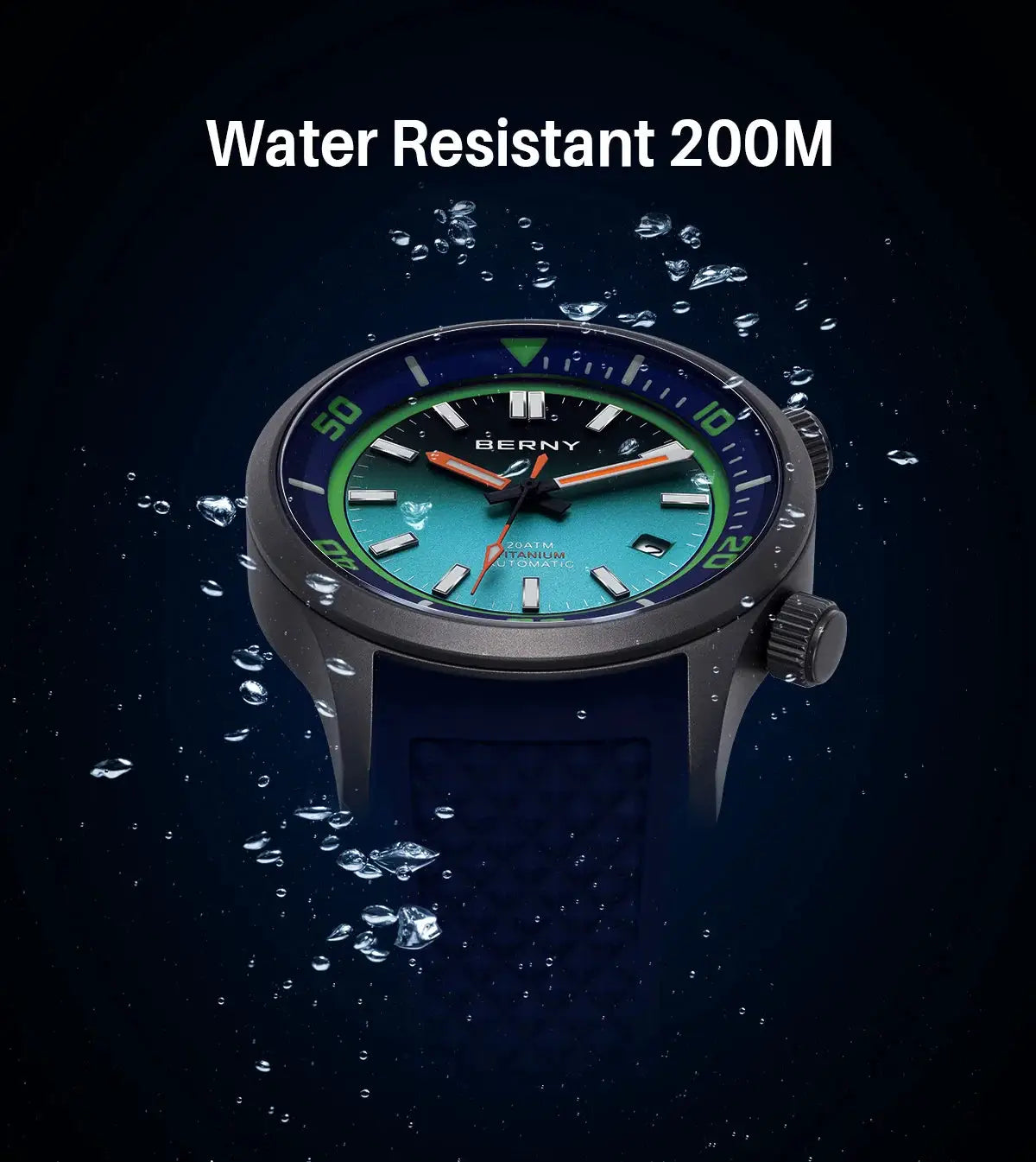 BERNY 20ATM titanium diver watch with teal dial, orange hands, blue bezel and strap