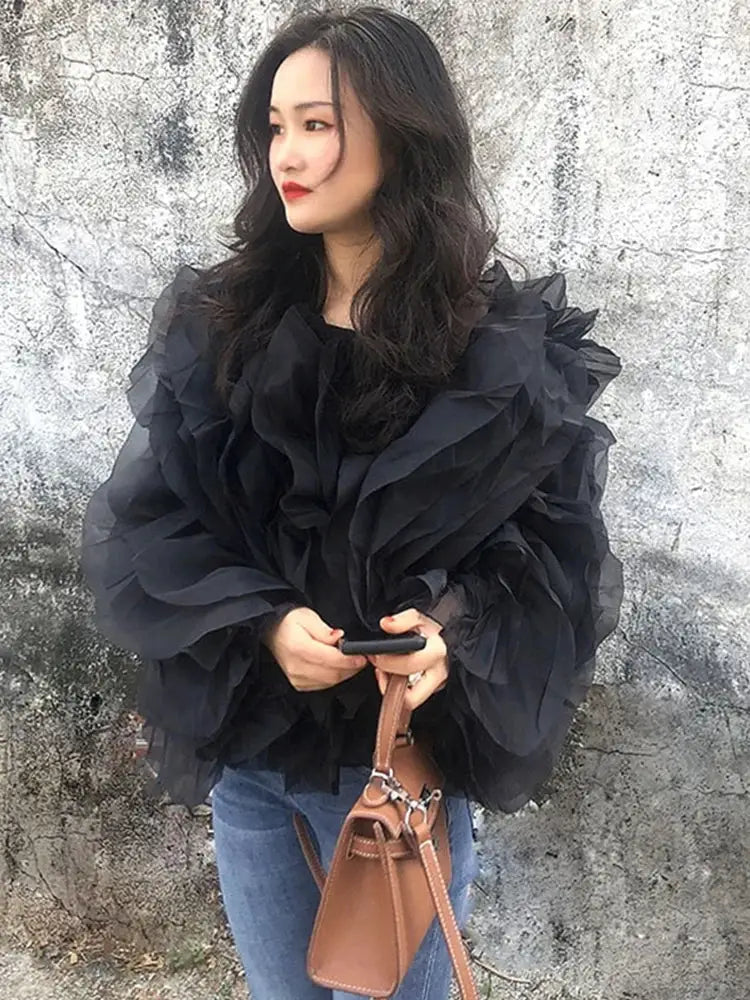 Twotwinstyle Elegant Patchwork Ruffles Chiffon Blouse O Neck Lantern