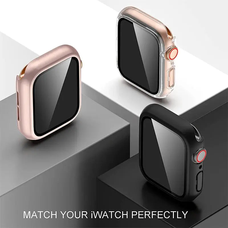 Glass cover for Apple Watch case; three color variants: rose gold, silver, black.