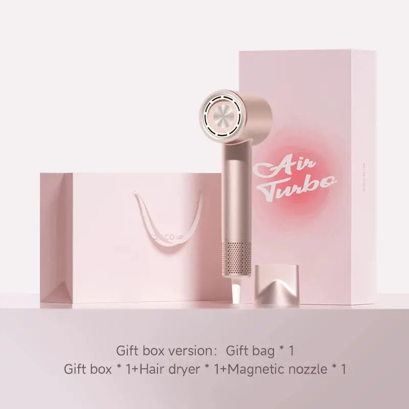 DOCO high-speed hair dryer in rose gold with magnetic nozzle beside pink gift box and bag