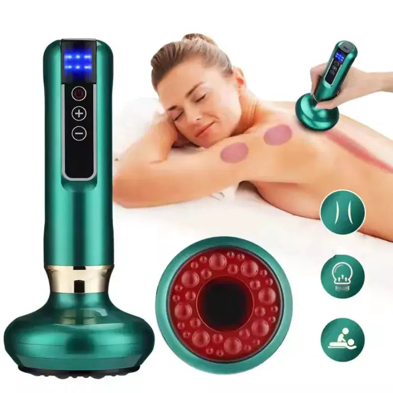 Simples Market tricolor electric massager with vacuum suction cup and infrared heat; shown with three attachment heads