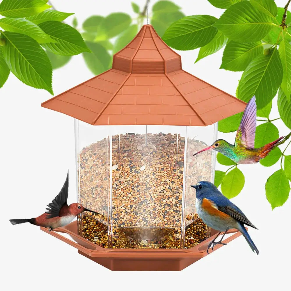 Automatic bird feeder with brown gazebo-style roof and clear seed reservoir; hanging outdoors, multi-hole feeder.