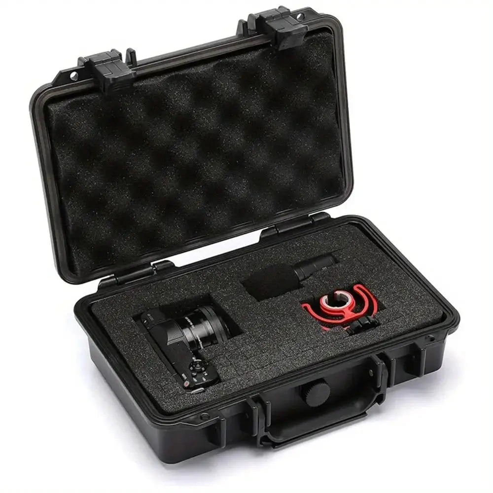 Hard toolbox safety protector box with foam insert; Simples Market case contains a black lens and red tool.
