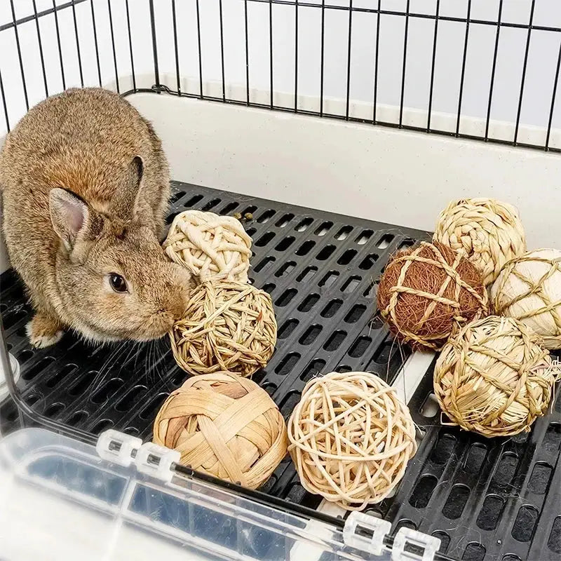 Small animal chew toy set with natural woven wood balls for guinea pig, hamster or rabbit; several balls.