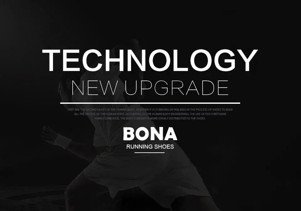 BONA running shoes banner; black lace-up men’s athletic sneakers for outdoor walking and jogging.