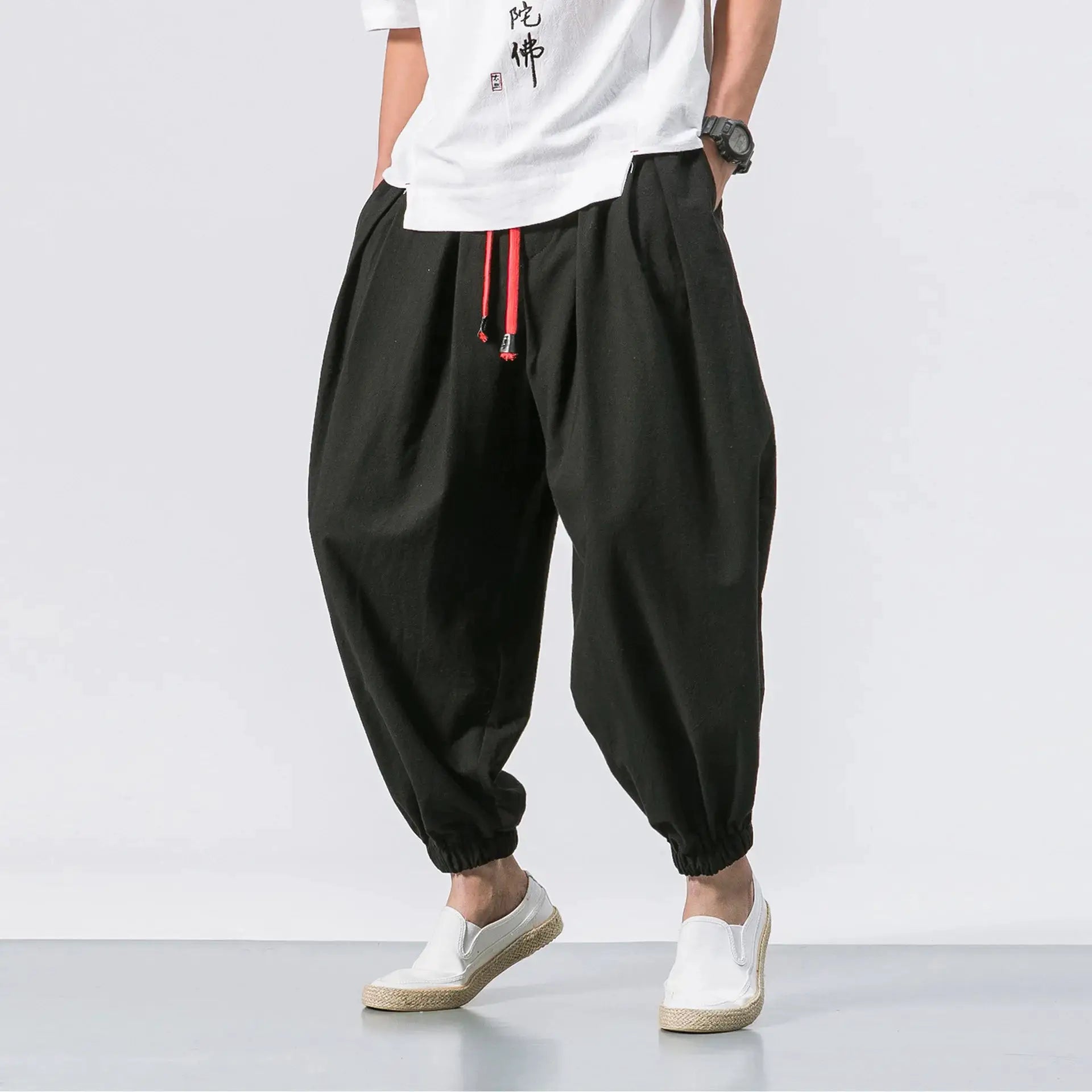 FGKKS Men Loose Harem Pants Linen Cotton Blend Oversize Sweatpants Casual Trousers
