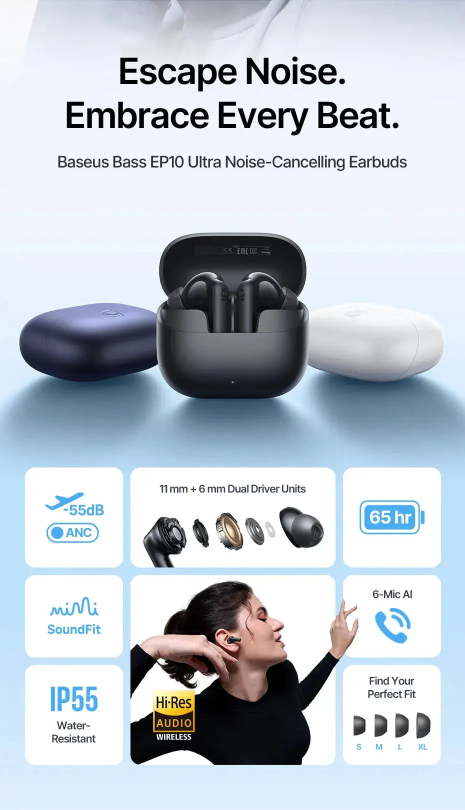 Baseus Bass EP10 Ultra Wireless Earphones in black with charging case; 65h playtime, -55dB ANC, 6-mic AI calls.
