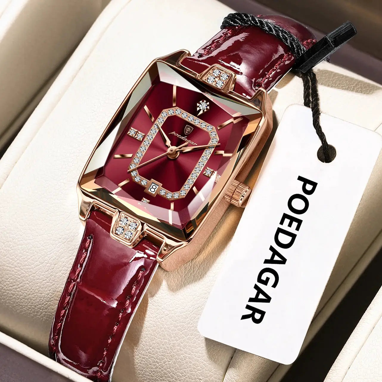 POEDAGAR luxury women's quartz wristwatch with crystal-embellished bezel, rose-gold case and burgundy leather strap