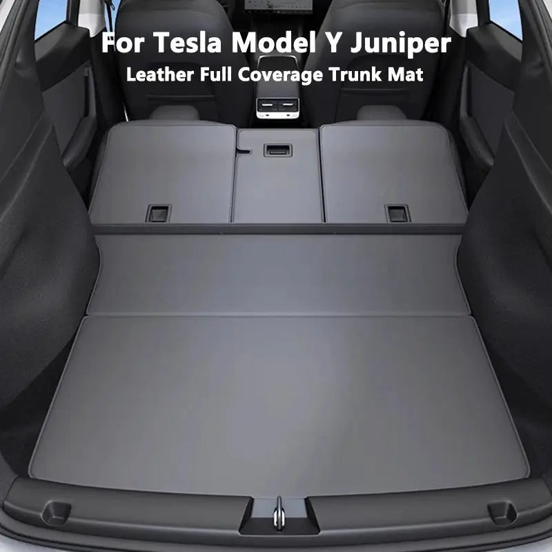 Leather trunk mat for Tesla Model Y Juniper with full-coverage cargo liner, side guards and backrest protection