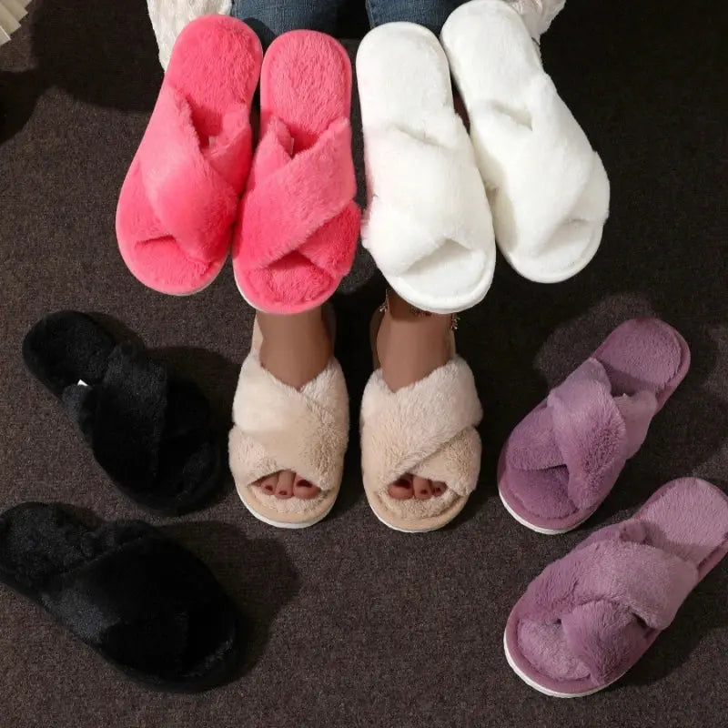Autumn Fashion Cross Strap Faux Fur Slippers For Women Indoor Light Warm Plush Home Shoes Flat Heel