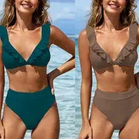 Bikini set by Simples Market neck-lace-up tops with boxer-style high-waist bottoms in teal and taupe; two-piece display