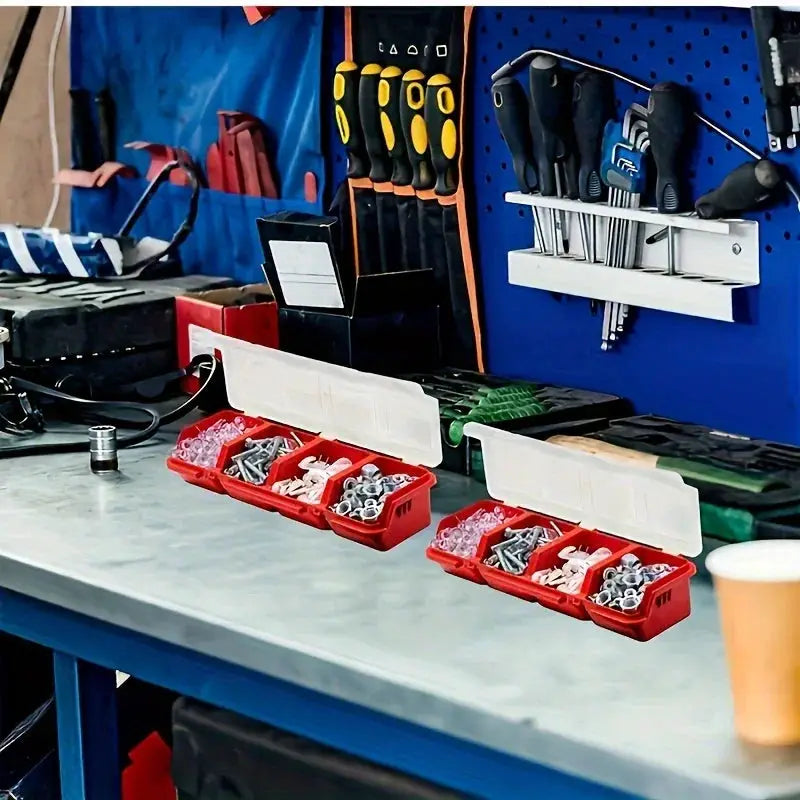 Two red plastic multi-compartment organizer boxes with white lids, filled with screws and small hardware.