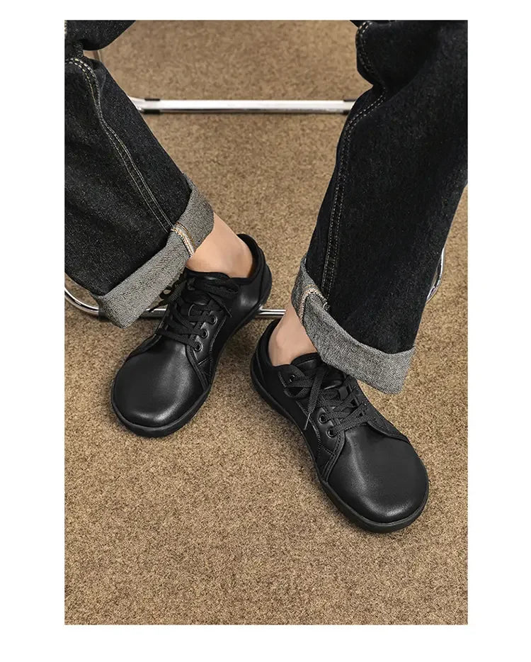 Barefoot shoes, wide version, black leather unisex walking sneakers with lace-up