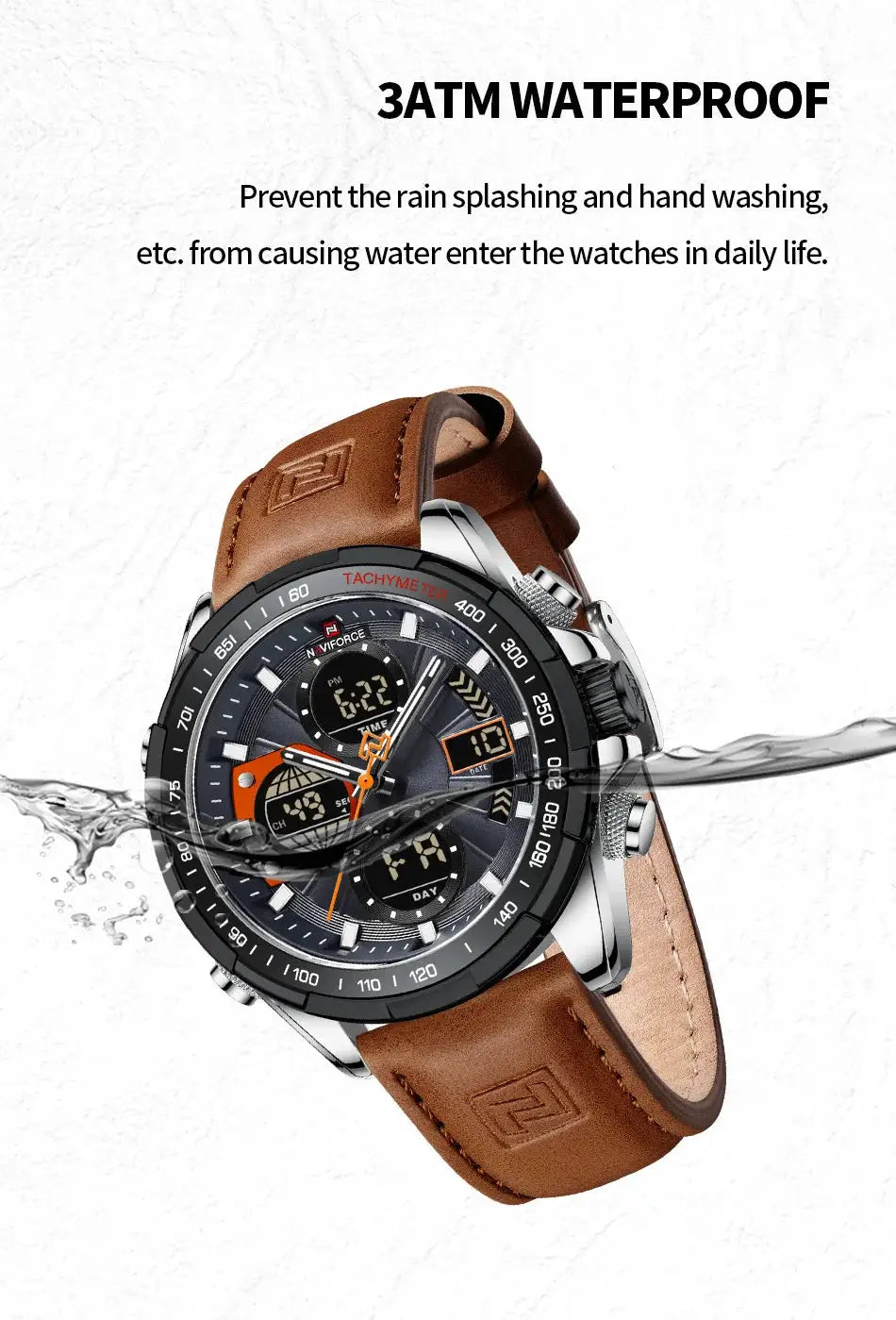 NAVIFORCE men's sport watch with brown leather strap, black dial, dual display, tachymeter bezel, 3ATM waterproof