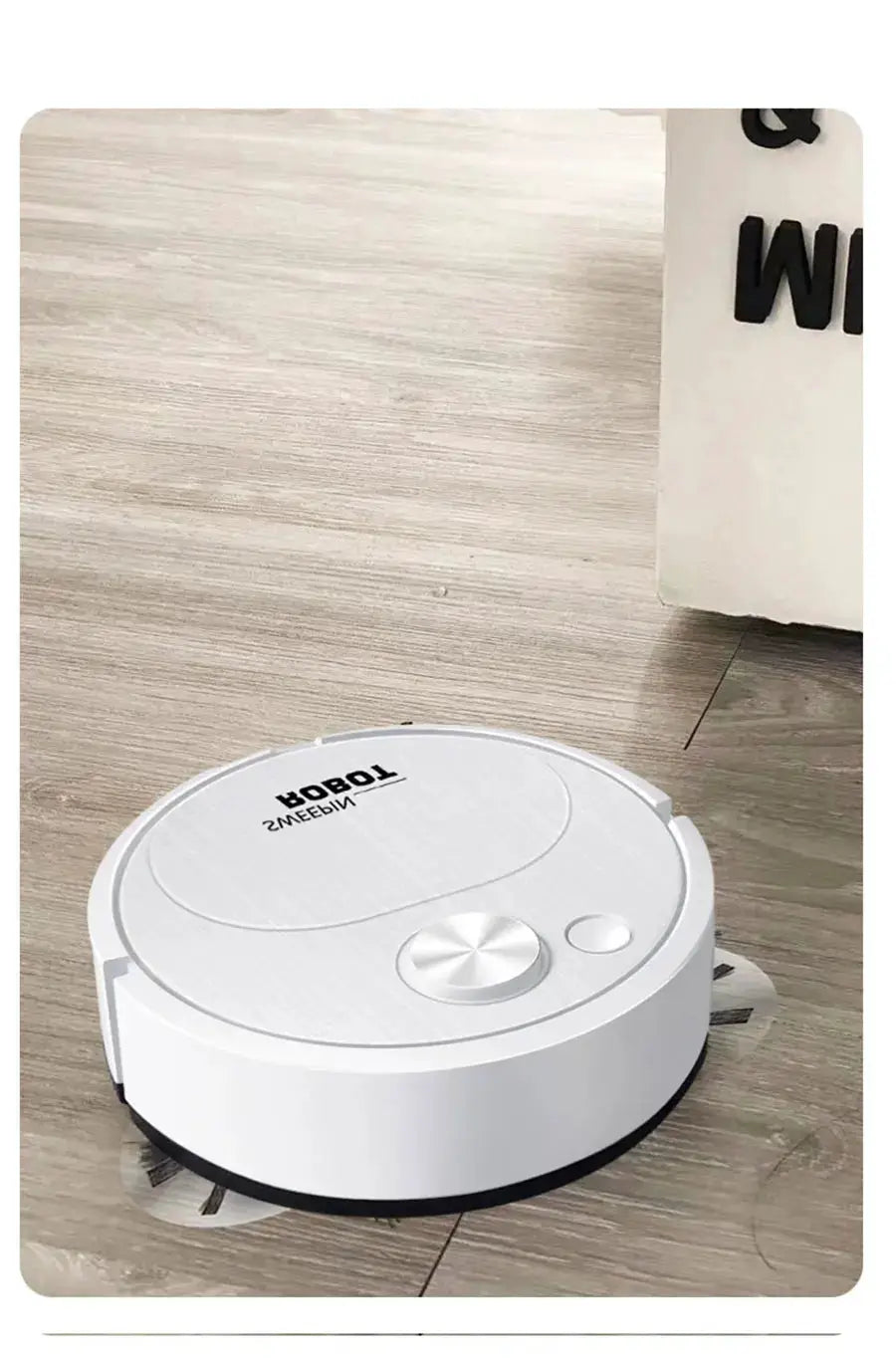 Robot vacuum cleaner from Simples Market, white circular 3-in-1 mop-sweep on wooden floor.